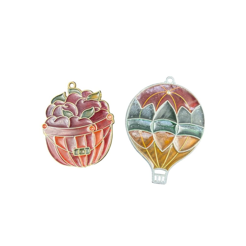 VTG Stained Glass Suncatcher Ornaments Basket & Hot Air Balloon Set Cottagecore